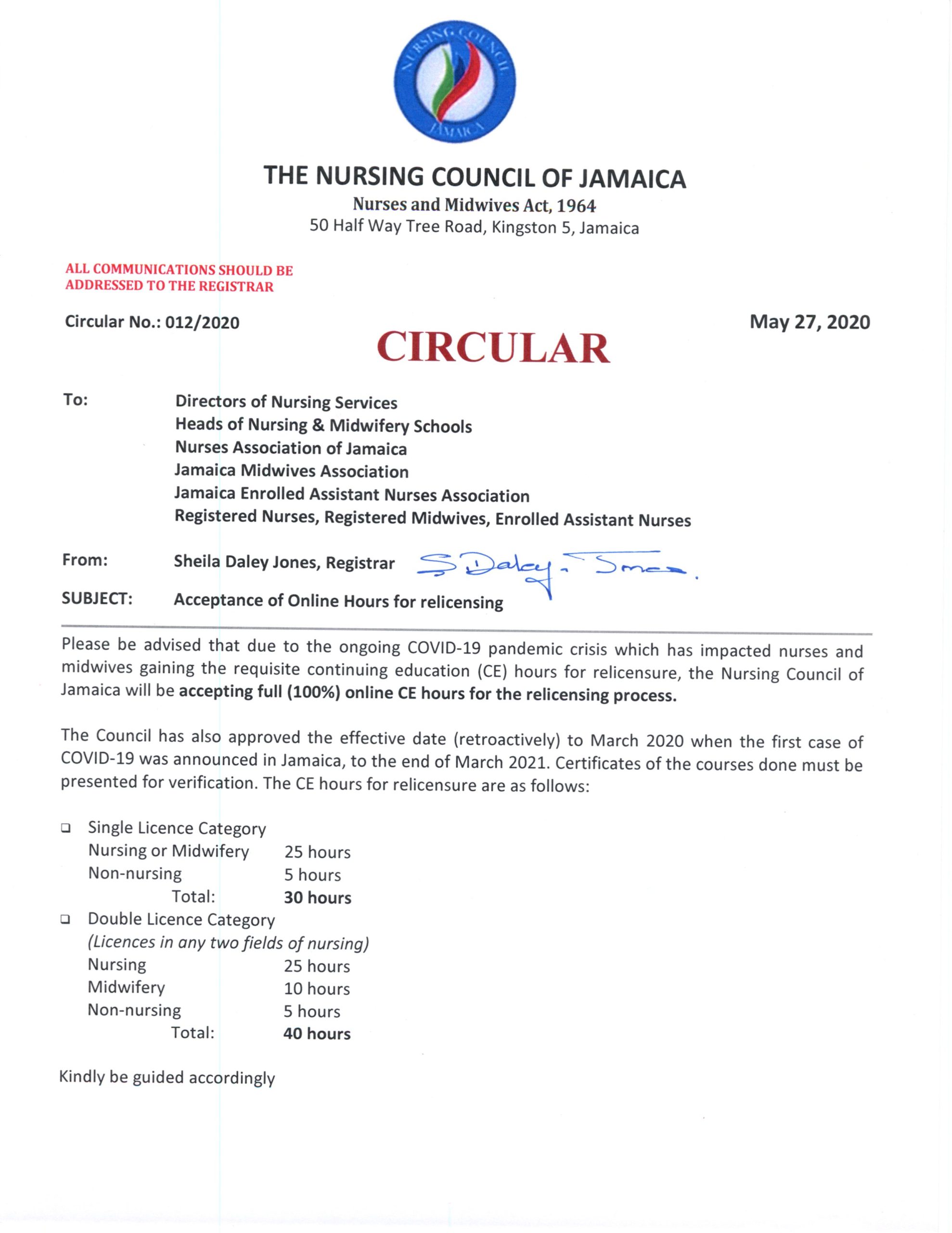 Acceptance of Online Hours for Relicensing – Nursing Council of Jamaica